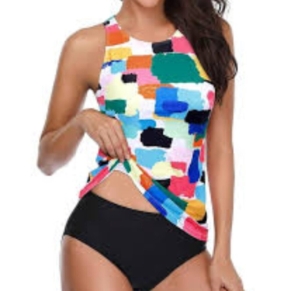 HOLIPICK MULTI COLORED TANKINI BLACK MID RISE BOTTOMS SIZE LARGE NWT